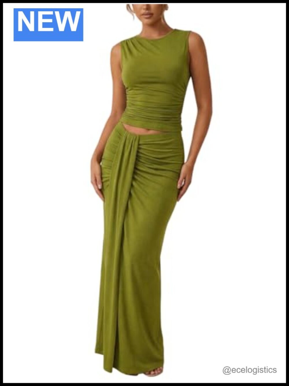 2 Piece Matching Set Ruched Tank Top and Maxi Skirt Sleeveless Party Outfit